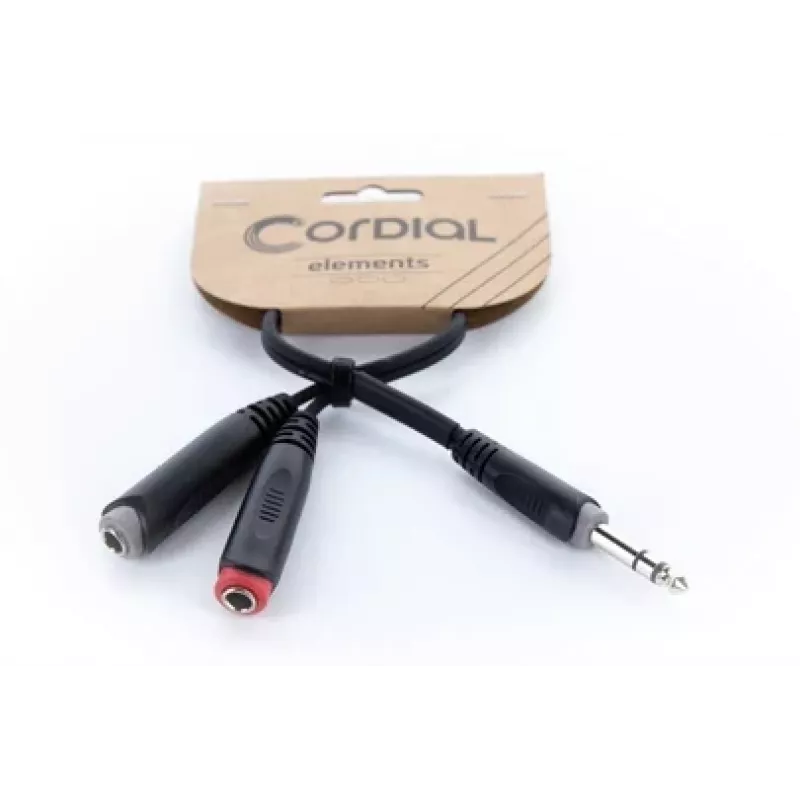 Cordial 14890 Audio Y-Adapter Cable 6.3mm Stereo Jack Plug to 2x 6.3mm Mono Jack Socket 0.30m Black PVC Twin Cable