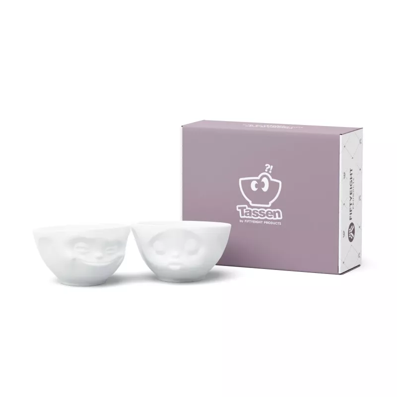 FIFTYEIGHT PRODUCTS T012201 dubenėlių rinkinys 200ml su besišypsančiu ir bučiuojančiu veidu, baltas porcelianas