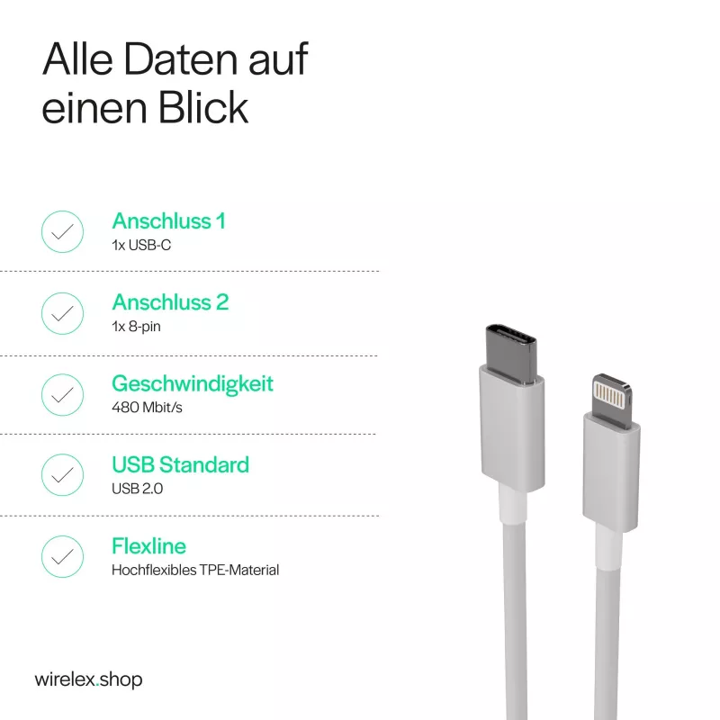 Flexline USB-C į Lightning PD įkrovimo kabelis 2m baltas FL31-13053