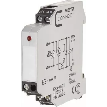 METZ CONNECT KRA-M6/21 sąsajos relės modulis, baltas, 12-24 V AC įėjimas, 250 V AC išėjimas, DIN bėgelio montavimas 11061513
