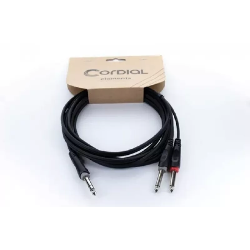 Cordial 14879 Audio Y-Adapter Cable 5m – 1x 6,3mm Stereo Jack to 2x 6,3mm Mono Jack, juodas PVC dvigubas kabelis
