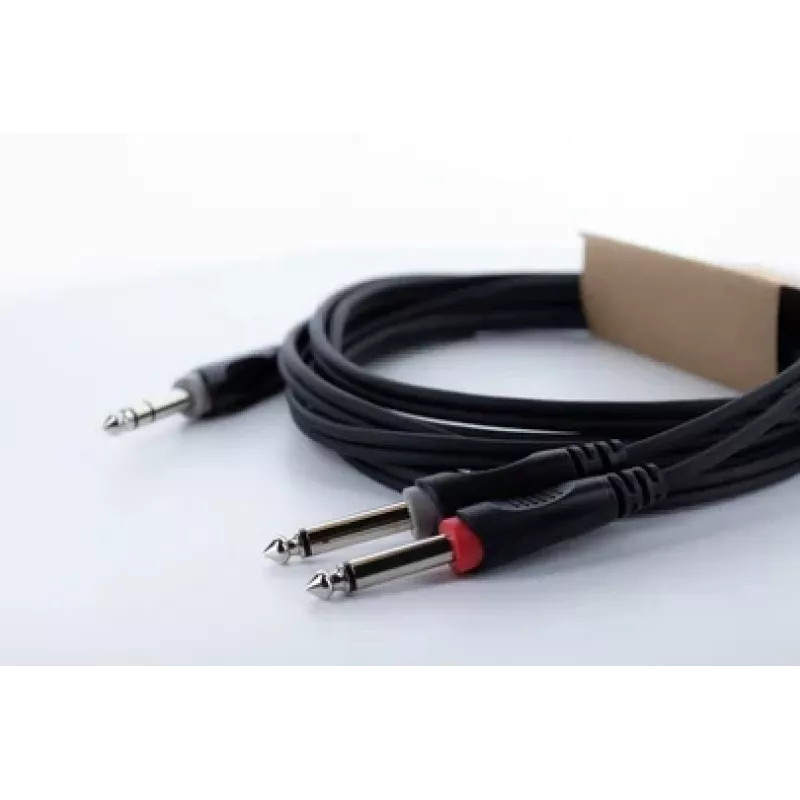 Cordial 14879 Audio Y-Adapter Cable 5m – 1x 6,3mm Stereo Jack to 2x 6,3mm Mono Jack, juodas PVC dvigubas kabelis