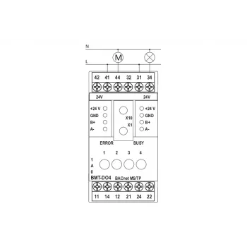METZ BMT-F-DO4 BACnet MS/TP lauko įrenginys su 4 relių išėjimais, 4 universaliomis įvestimis, 2 analoginiais išėjimais, RS485, DIN bėgelio montavimu, 24V AC/DC 110886132170