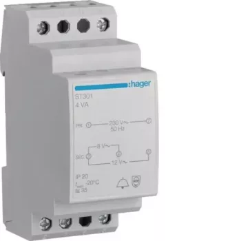 Hager ST301 skambučio transformatorius 230V į 8V/12V AC, 0,5A, DIN bėgelis