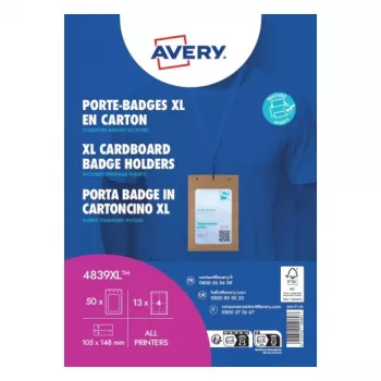 Avery 4839XL vardinių kortelių laikiklių rinkinys su kaklo raišteliu, A6, 105 x 148 mm, 50 rinkinių, mėlyni raišteliai