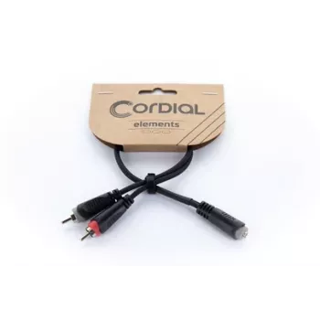 Cordial 14889 audio Y-adapterio kabelis 3,5 mm stereo jack moteriška – 2x RCA moteriška, 0,3 m, juodas PVC dvigubas kabelis
