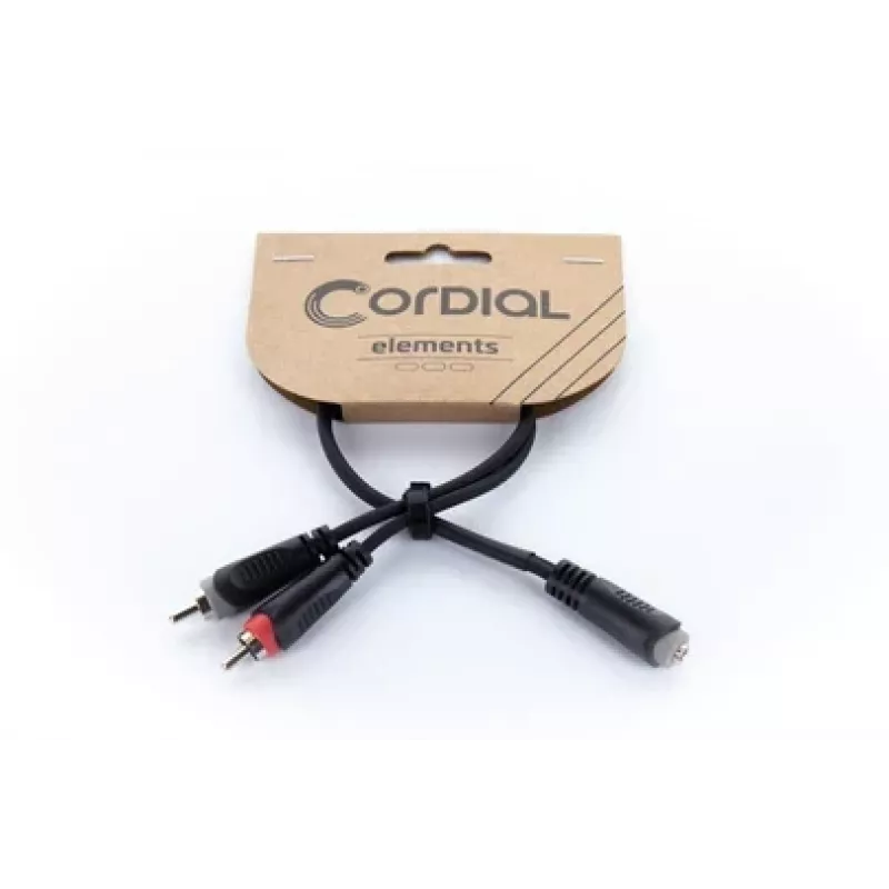 Cordial 14889 audio Y-adapterio kabelis 3,5 mm stereo jack moteriška – 2x RCA moteriška, 0,3 m, juodas PVC dvigubas kabelis