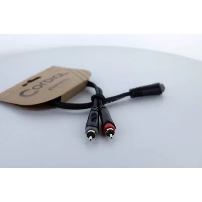 Cordial 14889 audio Y-adapterio kabelis 3,5 mm stereo jack moteriška – 2x RCA moteriška, 0,3 m, juodas PVC dvigubas kabelis