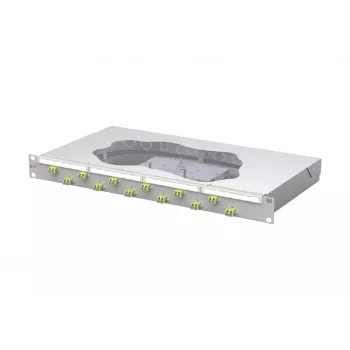 METZ CONNECT 12 prievadų LC Duplex OM5 optinio pluošto suvirinimo pataisų skydas, 1U 19 inch stovo montavimas, 24 pluoštai, 2 m pigtailai, pilkas 1504587M12-F