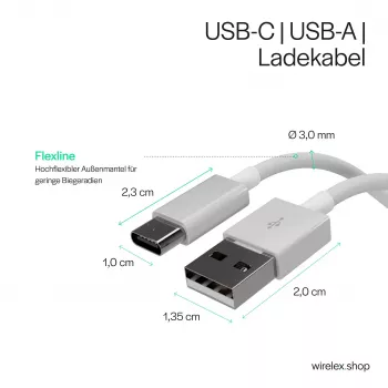 Flexline USB įkrovimo ir sinchronizavimo kabelis, USB-A į USB-C, 2.0, ABS, baltas, 0,5m (FL31-13040)