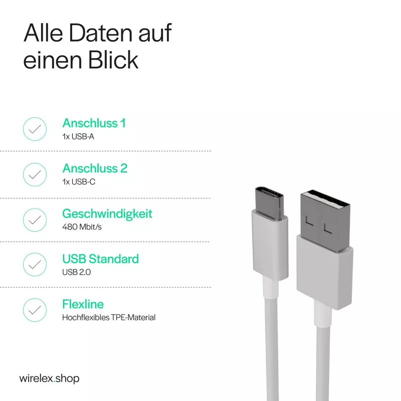 Flexline USB įkrovimo ir sinchronizavimo kabelis, USB-A į USB-C, 2.0, ABS, baltas, 0,5m (FL31-13040)