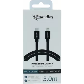 PowerRay USB-C į Lightning duomenų ir įkrovimo kabelis 3m juodas tekstilinis pintas MFi sertifikuotas PR-DCCL300TBK
