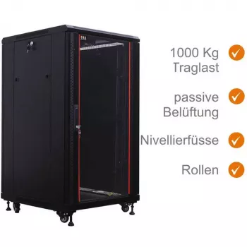 IT-BUDGET 19 inch Tinklo spintelė SRK - 18U - 600x600 mm - Stiklo/Plieno durys - Surinkta - Juoda 99ITB19SRK1866GSNM