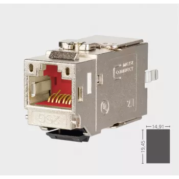 METZ CONNECT C6Amodul K 180° 25G Keystone lizdas, ekranuotas, Cat.6A, 25 Gigabit Ethernet, IDC be įrankių, cinko lydinio, GHMT sertifikuotas 130B21-25-E