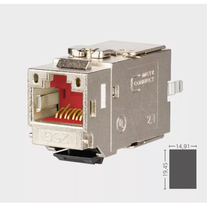 METZ CONNECT C6Amodul K 180° 25G Keystone lizdas, ekranuotas, Cat.6A, 25 Gigabit Ethernet, IDC be įrankių, cinko lydinio, GHMT sertifikuotas 130B21-25-E