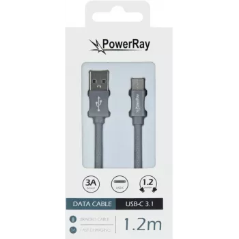 PowerRay Duomenų kabelis PR-DCUC120TGY USB-A į USB-C 1,2 m tekstilinis pilkas pintas greitas įkrovimas ir 5 Gbps duomenų sinchronizavimas
