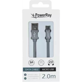 PowerRay USB į Micro-USB duomenų kabelis, 2 m, tekstilės pilkas, blisteris PR-DCUM200TGY