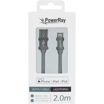 PowerRay PR-DCUL200TGY MFi sertifikuotas USB-A į Lightning pintas kabelis, 2 m, tekstilės pilkas