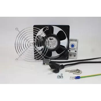 IT-BUDGET IT spintos ventiliatoriaus komplektas su termostatu - 160 m³/h oro srautas - 230 V - 1 ventiliatorius, apsauginės grotelės, kabeliai, termostatas, varžtai (90ITBLUESET1T)