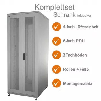 IT-BUDGET 19 inch serverio spintos SRK komplektas - 42U - WxD 800x1000 mm - perforuotos dvigubos priekinės ir galinės durelės - 4 aktyvūs ventiliatoriai - PDU - lentynos - surinkta - šviesiai pilka 99ITB19SRK42810DTGM