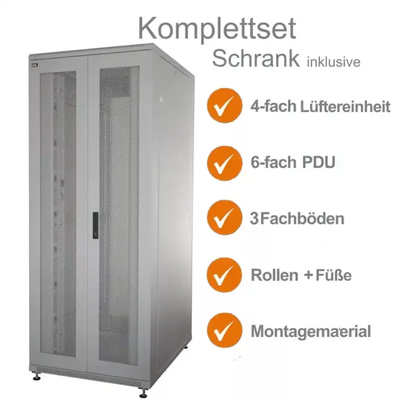 IT-BUDGET 19 inch serverio spintos SRK komplektas - 42U - WxD 800x1000 mm - perforuotos dvigubos priekinės ir galinės durelės - 4 aktyvūs ventiliatoriai - PDU - lentynos - surinkta - šviesiai pilka 99ITB19SRK42810DTGM