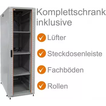 IT-BUDGET 19 inch tinklo spintelė SRK pilnas komplektas 38U 600x800 mm stiklo/plieno durys 4 aktyvūs ventiliatoriai PDU lentynos išardytas šviesiai pilka 90ITB19SRK3868GG