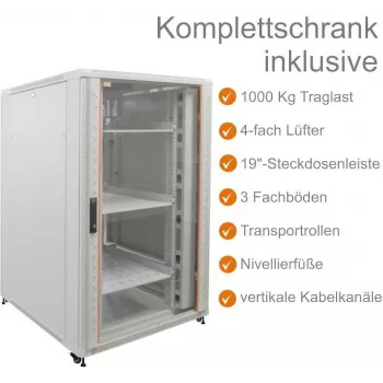 IT-BUDGET 19 inch serverio spintelė SRK pilnas rinkinys - 27U - 800x1000 mm - permatomomis/durimis - 4 aktyvūs ventiliatoriai - PDU - lentynos - surinkta - šviesiai pilka 99ITB19SRK27810GGM