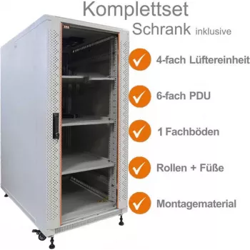 IT-BUDGET 19 inch Tinklo spintos SRK komplektas, 18U, 600x800 mm, stiklo/plieno durys, 4 aktyvūs ventiliatoriai, PDU, lentynos, iš anksto surinkta, šviesiai pilka 99ITB19SRK1868GGM