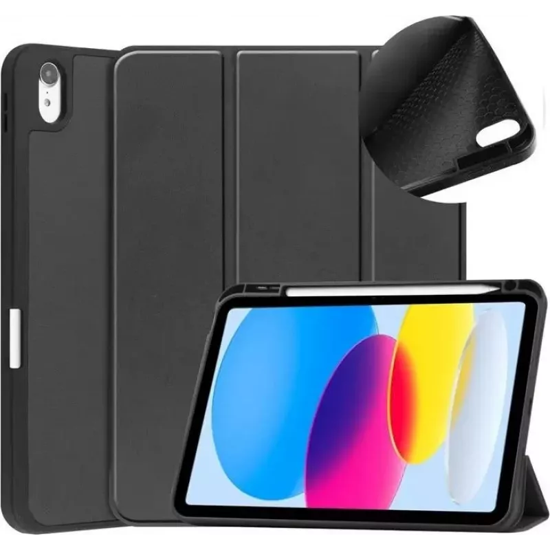 DIGISTOR HK drivego dėklas iPad 11 kartos A16 2025 / 10 kartos 2022 (11/10,9 colio) su rašiklio laikikliu, trijų dalių stovu, auto miego/budinimo funkcija, lanksčiu TPU dangteliu, juodas