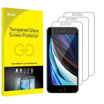 JETech grūdinto stiklo ekrano apsauga iPhone SE 3/2 (2022/2020) 4,7 inch - 3 vnt., 9H, 2.5D, suderinama su dėklais