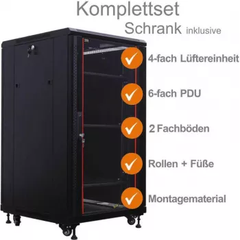 IT-BUDGET 19 colių tinklo spintelė SRK pilnas komplektas 22U 600x600 mm, stiklinės/plieninės durelės, 4 ventiliatoriai, PDU, lentynos, išardoma, juoda 90ITB19SRK2266GS