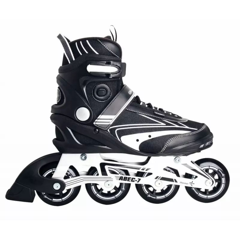 MUUWMI AU 442 Inline pačiūžos, 42 EU dydis, juodos/baltos, ABEC 7 guoliai, 80 mm ratai, aliuminio rėmas