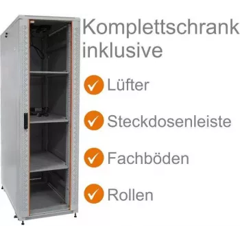 IT-BUDGET 42U 19 inch tinklo spintos komplektas 600x600mm šviesiai pilka su stiklinėmis priekinėmis durimis, vientisomis galinėmis durimis, 4 aktyviais ventiliatoriais, PDU, lentynomis, išardoma (90ITB19SRK4266GG)