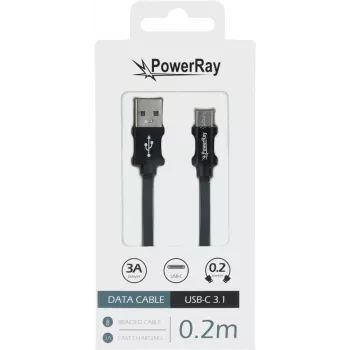 PowerRay PR-DCUC020TBK USB-A į USB-C duomenų ir įkrovimo kabelis, 0,2 m, tekstilinis juodas, blisteris
