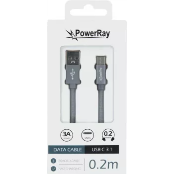 PowerRay duomenų kabelis PR-DCUC020TGY, USB-A į USB-C, 0,2 m, tekstilės pilkas, blister