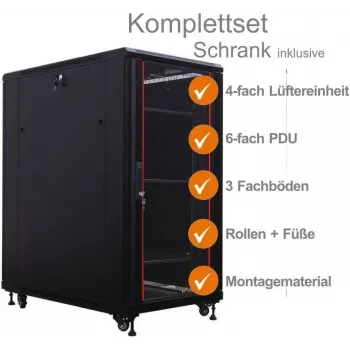 IT-BUDGET 19 inch tinklo spintos SRK komplektas 27U 600x600 mm, stiklo/plieno durelės, juoda 99ITB19SRK2766GSM
