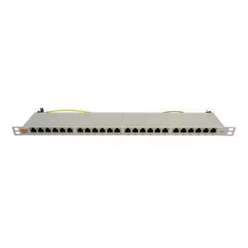 IT-BUDGET 19 inch Super Flat 0.5U pilnai ekranuotas Cat.6A 24 prievadų PoE++ patch panelis, šviesiai pilkas 90ITBPP6A05G