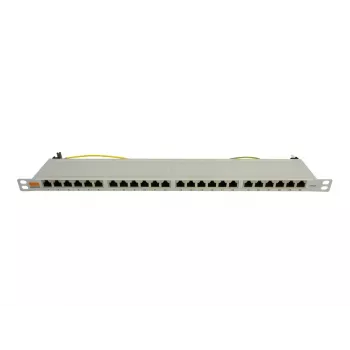IT-BUDGET 19 inch Super Flat 0.5U pilnai ekranuotas Cat.6A 24 prievadų PoE++ patch panelis, šviesiai pilkas 90ITBPP6A05G