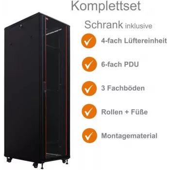 IT-BUDGET 19 inch Tinklo spintos SRK komplektas - 42U - 600x800 mm - Stiklo/Plieno durelės - 4 aktyvūs ventiliatoriai - PDU - Lentynos - Surinkta - Juoda (99ITB19SRK4268GSM)
