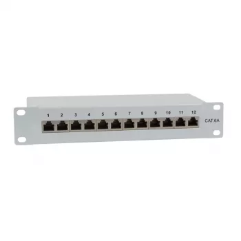 IT-BUDGET 10 colių pataisų skydas - ekranuotas - Cat.6A - 500MHz - 12 prievadų RJ45 - PoE+ palaikantis - 1U - pilkas (90ITB10PP6AG)