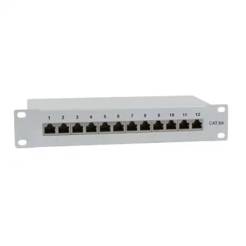 IT-BUDGET 10 colių pataisų skydas - ekranuotas - Cat.6A - 500MHz - 12 prievadų RJ45 - PoE+ palaikantis - 1U - pilkas (90ITB10PP6AG)