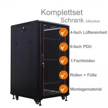 IT-BUDGET 19 inch Tinklo spintos SRK pilnas komplektas - 18U - 600x600 mm - Stiklinės/Plieninės durelės - 4 aktyvūs ventiliatoriai - PDU - Lentynos - Surinkta - Juoda 99ITB19SRK1866GSM