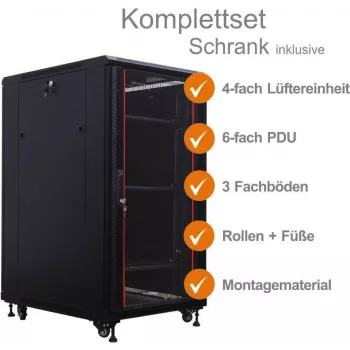 IT-BUDGET 19 inch tinklo spintos SRK komplektas - 22U - 600x800 mm - stiklinės/plieninės durys - 4 aktyvūs ventiliatoriai - PDU - lentynos - surinkta - juoda (99ITB19SRK2268GSM)