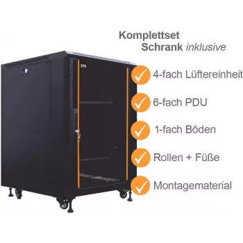IT-BUDGET 19 inch Tinklo spintelė SRK pilnas komplektas 12U 600x800 mm stiklo/plieno durelės, 4 aktyvūs ventiliatoriai, PDU, lentynos, surinkta, juoda 99ITB19SRK1268GSM