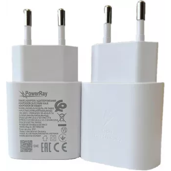 PowerRay PR-TA800EWE 18W USB-C PD sieninis įkroviklis, EU 2 kontaktų, baltas, didmeninė pakuotė