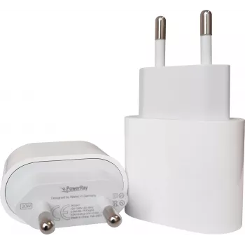 PowerRay PRMHJE3 20W USB-C PD sieninis įkroviklis, EU 2 kontaktų, baltas, blister pak.