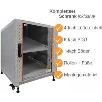 IT-BUDGET 19 inch Server Rack SRK komplektas - 12U - 600x1000 mm - Stiklo/plieno durelės - 4 aktyvūs ventiliatoriai - PDU - Lentynos - Surinktas - Šviesiai pilkas 99ITB19SRK12610GGM