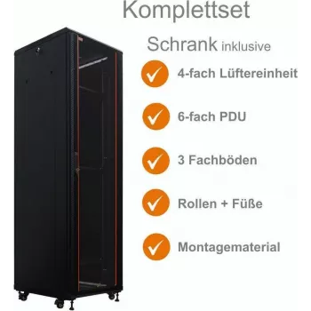 IT-BUDGET 19 inch tinklo spintos SRK komplektas 38U 600x800mm stiklo/plieno durelės, 4 aktyvūs ventiliatoriai, PDU, lentynos, išardytas, juodas 90ITB19SRK3868GS