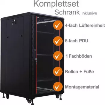 IT-BUDGET 19 inch Tinklo spintos SRK pilnas rinkinys - 18U - 600x600 mm - Stiklinės/Vientisos durys - 4 aktyvūs ventiliatoriai - PDU - Lentynos - Išardoma - Juoda 90ITB19SRK1866GS