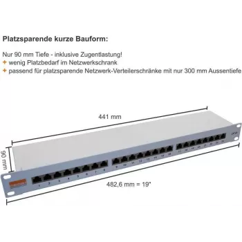 IT-BUDGET 19 inch Patch Panel Profi S - Trumpo gylio - Ekranuotas - Cat.6A - 24 prievadų - PoE+ palaikymas - 1U - Šviesiai pilkas (90ITBPP6A1G)